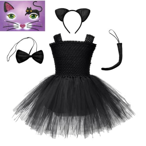 Katzen kostüm Kinder,4-teilige Katzenkostüm Mädchen,Schwarze Katze Kostüm Kinder Mädchen,Halloween Kostüm Katze Mädchen mit Katzenohren, Fliege, Katzenschwanz, Kleid für Karneval Fasching Halloween von Surakey