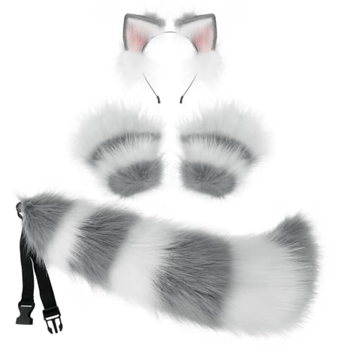 Kunstfell Furry Katzenohren Haarreif Fuchs Wolf Ohren Stirnband Flauschige Ohren Schwanz und Katze Pfoten Handschuhe Set Cosplay Kostüm Zubehör für Halloween Weihnachten Karneval Party verkleiden von Surakey