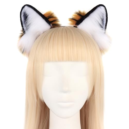 Kunstfell Furry Tiger Katzenohren Kopfbedeckung Haarreif Tiger Ohren Haarspange Cosplay Kostüm Kopf Zubehör für Damen Frauen Halloween Weihnachten Fasching Karneval Party Geschenk Masquerade Cosplay von Surakey