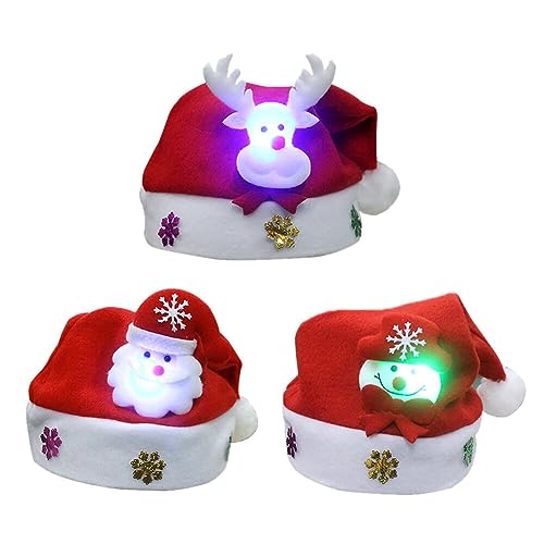 LED Weihnachtsmütze, Leuchtende Kider Nikolausmütze Plüsch Rote Santa Mütze Nikolaus Rentier Schneemann Hüte Dicker Fellrand Weihnachten Mütze Set für Weihnachten Neujahr Partys Neujahrsgeschenk von Surakey