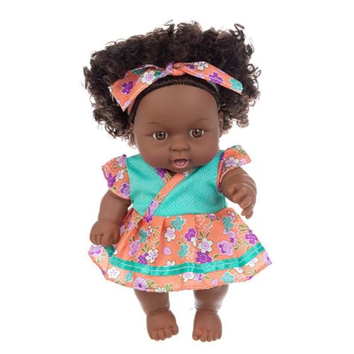 New Born Baby Puppe Schwarze Puppe 12 Zoll Wiedergeborene Babypuppe Afrikanische Puppe Mit Lockigem Haar Reborn Baby Puppenspielzeug Babypuppen Im Kleid für Kinder Mode Spielpuppe Kinder Mädchen von Surakey