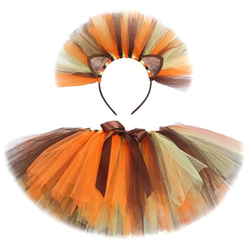 Surakey Löwe Kostüm Mädchen, 2 Stück Tierkostüm Kinder Mädchen,Löwenohren Stirnband Tutu Rock Tüllrock Set,Tierkostüm Set Zubehör für Mädchen Kinder Party Halloween Weihnachten Cosplay Geburtstag von Surakey