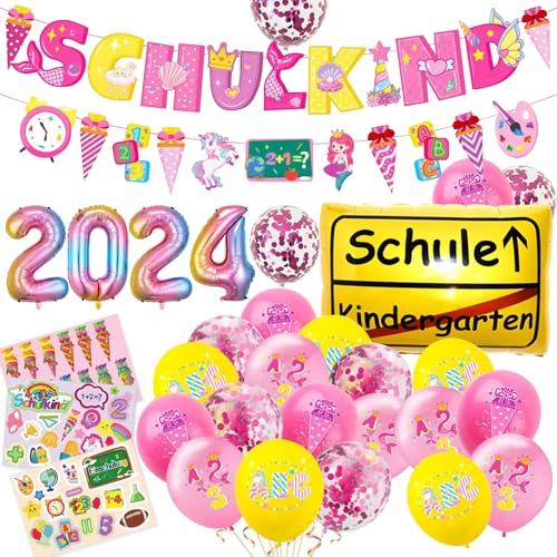 Surcotto 2024 Einschulung Deko Junge & Mädchen, Pink Einschulung Deko Set, SCHULKIND Banner + 2024 Ballon Deko + Einschulung Folienballon + 22 Luftballon + 3 Sticker, Schulanfang Schuleinführung Deko von Surcotto