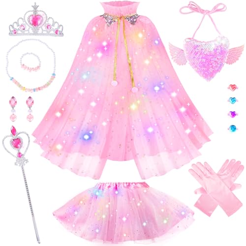 Prinzessin Kleid und Umhang Mädchen, Light Up Kostüm Prinzessin Mädchen mit Krone Halskette Ohrringe Zauberstab Rucksäcke, Party Karneval Cosplay für Mädchen Halloween, Kleinkind Halloween Dress Up von Surelect