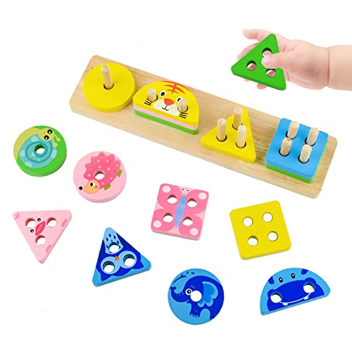 Surplex Holz Sortier＆Stapelspielzeug für 1–3 Jahre alte Jungen Mädchen, Vorschul-Lernspielzeug für Kleinkinder Farberkennungsformsortierer, Montessori Early Educational Block Puzzles von Surplex