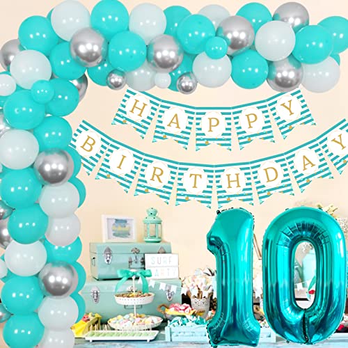 10. Geburtstagsdekorationen für Mädchen Teal Blue White and Silver Balloon Garland Arch Kit Türkis Happy Birthday Banner Nummer 10 Folienballon für 10 Jahre alte Geburtstagsparty Supplies von Sursurprise