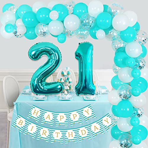 21. Geburtstag Dekorationen für Frauen Teal Blau und Weiß Ballon Girlande Bogen Kit Türkis Happy Birthday Banner Nummer 21 Folienballon für ihren 21. Geburtstag Party Supplies von Sursurprise