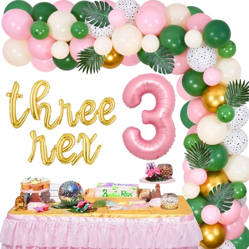 Sursurprise Dinosaurier 3. Geburtstag Dekorationen für Mädchen drei Rex Ballon Girlande Bogen Kit rosa Salbei grün 3 Jahre alt dritten Geburtstag Party Supplies von Sursurprise