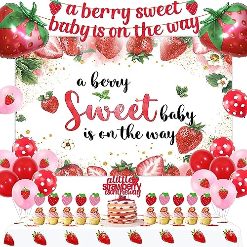 Erdbeer-Baby-Party-Dekorationen, A Berry Sweet Baby Is On The Way Dekorationen Hintergrund Banner Erdbeerballons Tischdecke, Obstthemed Party Supplies von Sursurprise