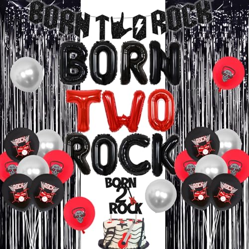 Sursurprise Geboren zwei Rock Geburtstag Dekorationen Rock and Roll 2nd Birthday Party Supplies mit Born Two Rock Ballon Banner Cake Topper Gitarre Ballon Fransen Vorhang für Rock Band Musik Thema von Sursurprise