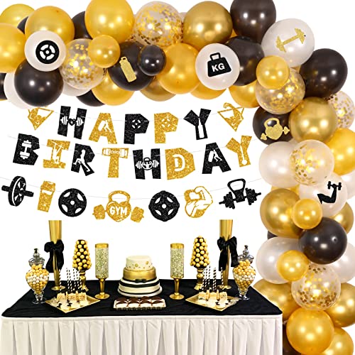 Gym Geburtstag Dekorationen Fitness Party Dekorationen für Männer Gewichtheben Ballon Girlande Bogen Kit alles Gute zum Geburtstag Banner Karten für Bodybuilding Cross Fit Thema Bday Party Supplies von Sursurprise