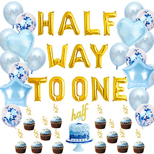 Half Birthday Dekorationen für Boy Blue auf halbem Weg zu einem Ballon Banner 6 Monate 1/2 Cake Toppers Party Supplies von Sursurprise