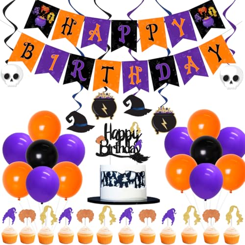 Halloween Hexen Geburtstag Dekorationen, Happy Birthday Banner Kuchen Cupcake Toppers Glitzer, hängende Wirbel Boo Folienballons für Mädchen Geburtstag Party Supplies von Sursurprise