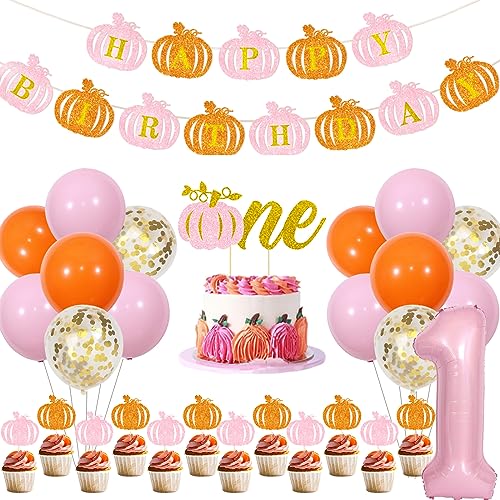 Kürbis 1. Geburtstag Dekorationen Pink und Orange Glitzer Kürbis Happy Birthday Banner, Ein Kuchendeckel, Nummer 1 Folienballon für Mädchen Herbst Kürbis Thanksgiving First Birthday Party Supplies von Sursurprise