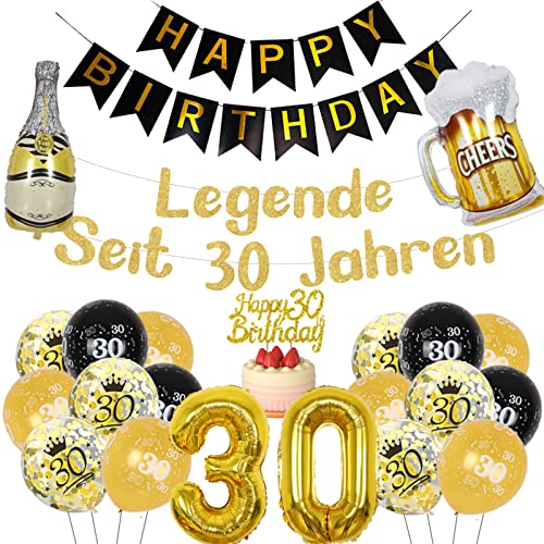 Lustige 30th Geburtstag Dekorationen Schwarz und Gold Legende für 30-Jahre Dekorationen, Happy Birthday Banner Glitter Kuchen Topper, 30th Folie Ballons Party Dekor für Männer Frauen Dreißig Jahre alt von Sursurprise