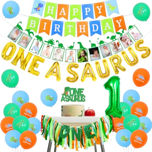 Sursurprise One a Saurus Birthday Decorations, Dinosaur 1st Happy Birthday Party Supplies with Balloons Highchair Banner and Baby Photo Banner, T-Rex Roar Party Decor for Boy One Year Old von Sursurprise