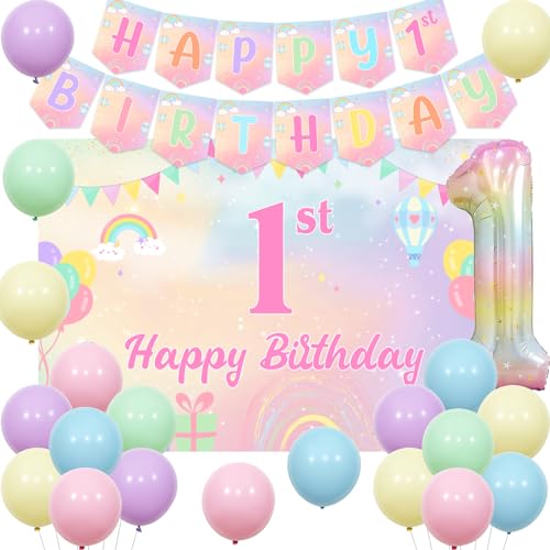 Sursurprise 1. Geburtstag Dekorationen für Mädchen Pastell Happy 1st Birthday Banner Hintergrund Pastell Nummer 1 Ballon 1 Jahr alt Geburtstag Party Supplies von Sursurprise