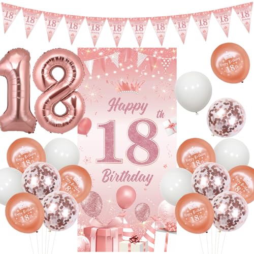 Sursurprise 18 Geburtstag Dekorationen Roségold für Mädchen Happy 18th Birthday Türbanner Dreieck Flagge Banner Nummer 18 Luftballons Achtzehn Jahre alt Geburtstag Party Supplies von Sursurprise