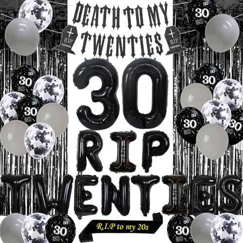 Sursurprise 30. Geburtstag Deko schwarz, 30 Rip Twenties Ballon für Männer Frauen, Tod zu meinem Zwanziger Banner, Rip zu meinem 20er Schärpe ihr oder ihm lustig dreißig Geburtstag Party Supplies von Sursurprise