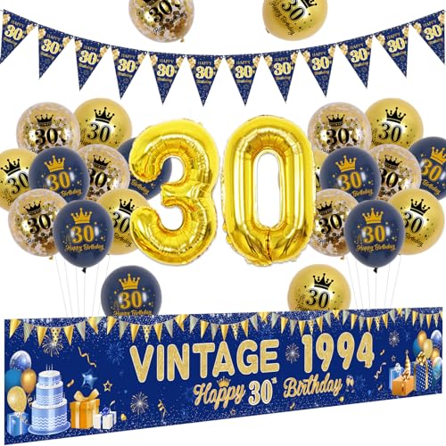 Sursurprise 30. Geburtstag Dekorationen für Männer Blau Gold Vintage 1994 30th Birthday Yard Banner Dreieck Wimpelkette Marineblau Gold Zahl 30 Ballon 30 Jahre alt Geburtstag Party Supplies von Sursurprise