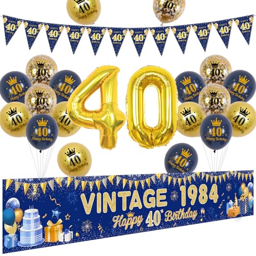 Sursurprise 40 Geburtstag Dekorationen für Männer Blau Gold Vintage 1984 40 Geburtstag Yard Banner Dreieck Wimpelkette Marineblau Gold Nummer 40 Ballon 40 Jahre alt Geburtstag Party Supplies von Sursurprise