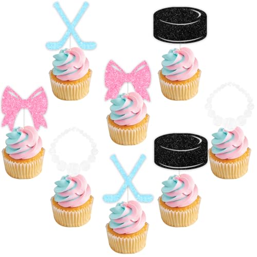 Sursurprise Cupcake-Topper, Eishockey-Pucks oder Perlen, Cupcake-Picks für Jungen oder Mädchen, Babyparty-Dekoration, Hockey er oder sie, Schwangerschaftsankündigung, Sport-Partyzubehör, 36 Stück von Sursurprise