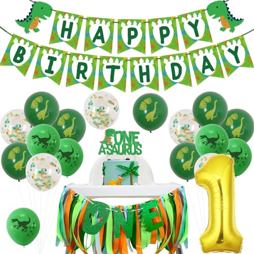 Sursurprise Dinosaurier 1. Geburtstag Dekorationen, Dinosaurier One Hochstuhl Banner, One A Saurus Cake Topper, Nummer 1 Ballon, Grüner Dschungel Erster Geburtstag Party Supplies für Jungen von Sursurprise