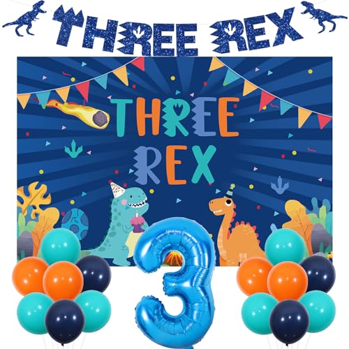 Sursurprise Dinosaurier 3. Geburtstag Party Dekorationen Blau Dinosaurier Drei Rex Banner Hintergrund Nummer 3 Ballon Dschungel Geburtstag Party Supplies für Jungen von Sursurprise