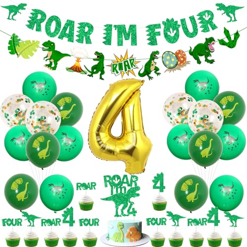 Sursurprise Dinosaurier 4 Geburtstag Dekorationen, Dinosaurier Roar I'm Four Banner Cake Topper Nummer 4 Ballon Grün Dschungel 4 Jahre alt Geburtstag Party Supplies für Jungen von Sursurprise