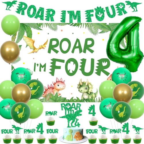 Sursurprise Dinosaurier-Dekoration zum 4. Geburtstag, "Roar I'm Four" Hintergrund Banner Kuchen Topper Cupcake Topper Ballons für Jungen 4 Jahre alt Geburtstag Party Supplies von Sursurprise