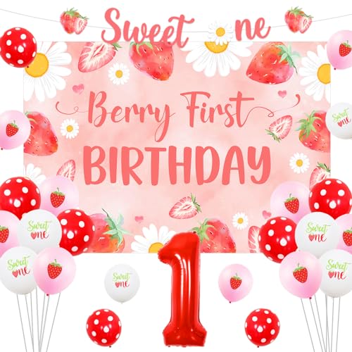 Sursurprise Erdbeere 1. Geburtstag Dekorationen für Mädchen, Berry First Birthday Hintergrund Sweet One Banner Nummer 1 Ballon Erdbeere Erster Geburtstag Party Supplies von Sursurprise