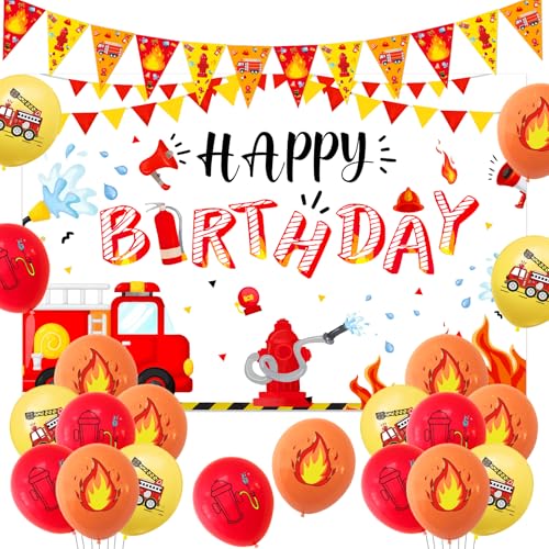 Sursurprise Feuerwehrauto Geburtstagsdekoration, Feuerwehrauto Happy Birthday Banner Hintergrund Feuerwehrmann Luftballons Feuerwehrmann Geburtstag Party Supplies für Jungen Alter 2 3 Jahre von Sursurprise