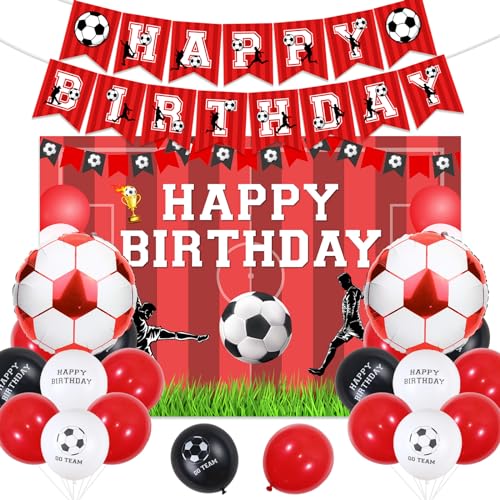 Sursurprise Fußball Geburtstag Dekorationen rot und weiß für Jungen, Fußball alles Gute zum Geburtstag Banner Hintergrund, Go Team Folie Ballons, Fußball Geburtstag Party Supplies von Sursurprise