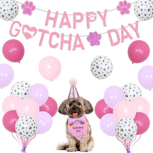 Sursurprise Gotcha Day Dekorationen glücklich Gotcha Day Banner Bandana Pfote Ballons Kegel Hut rosa lila für Hund Katze Mädchen Geburtstag Haustier Adoption Party Supplies von Sursurprise