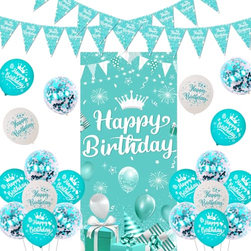 Sursurprise Happy Birthday Dekorationen Blaugrün Blaugrün Happy Birthday Türbanner Dreieck Wimpelkette Türkis Luftballons Happy Birthday Party Supplies für Mädchen Frauen 10 13 16 18 21 30 50 60 von Sursurprise