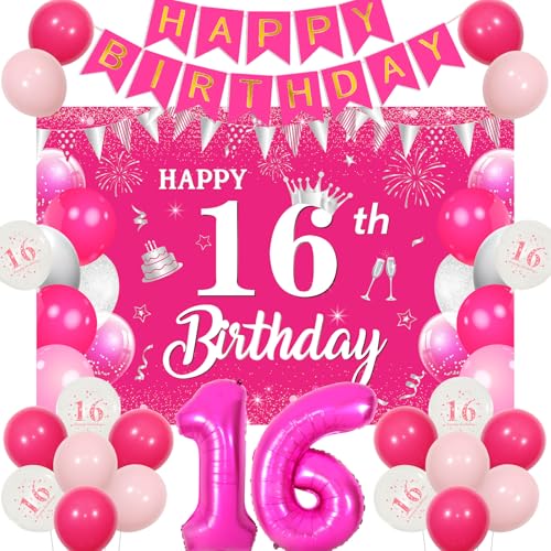 Sursurprise Hot Pink 16. Geburtstag Dekorationen für Mädchen, Hot Pink Happy 16th Birthday Hintergrund Banner Nummer 16 Ballon Hot Pink 16 Jahre alt Geburtstag Party Supplies von Sursurprise