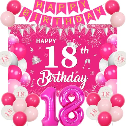 Sursurprise Hot Pink 18. Geburtstag Dekorationen für Mädchen, Hot Pink Happy 18th Birthday Hintergrund Banner Nummer 18 Ballon Hot Pink 18 Jahre alt Geburtstag Party Supplies von Sursurprise