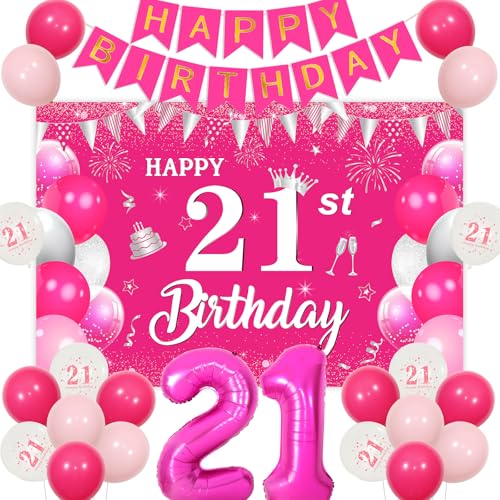 Sursurprise Hot Pink 21. Geburtstag Dekorationen für sie, Hot Pink Happy 21st Birthday Hintergrund Banner, Nummer 21 Ballon Hot Pink 21 Year Old Birthday Party Supplies von Sursurprise