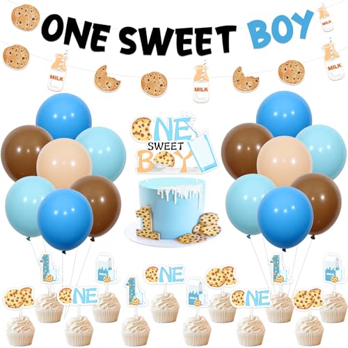 Sursurprise Milch und Kekse 1. Geburtstag Party Dekoration Set, ein süßer Junge Banner, blau braun ein süßer Junge Thema Cupcake Topper, Ballons für 1 Jahr alt Geburtstag von Sursurprise