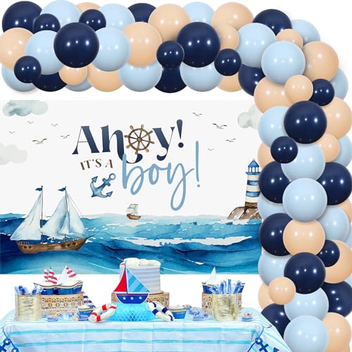 Sursurprise Nautische Babyparty-Dekorationen, Ahoy It's A Boy Babyparty-Hintergrund, nautische Ballon-Girlande, Bogen-Set für Ozean, Segeln, Babyparty, Partyzubehör, EU-F-PA-10418 von Sursurprise