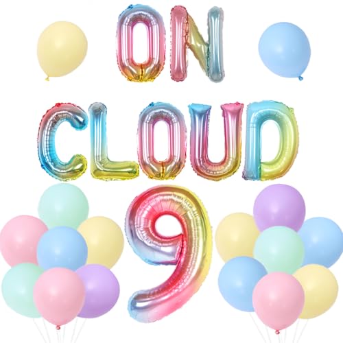 Sursurprise On Cloud 9 Geburtstag Dekorationen für Mädchen, Gradient On Cloud 9 Luftballons, Pastell Regenbogen Wolke Ballon für Wolke Regenbogen 9th Birthday Party Supplies von Sursurprise