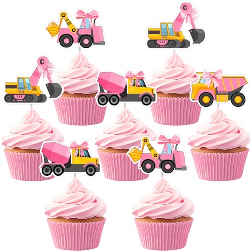 Sursurprise Pink Construction Cupcake Toppers für Mädchen, 36PCS Construction Cupcake Picks, Dump Truck Bulldozer Excavator Construction Bir von Sursurprise