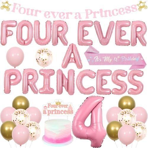 Sursurprise Prinzessin 4. Geburtstag Party Dekorationen, Four Ever A Princess Banner Cake Topper Rosa Gold Ballons Schärpe für Mädchen, Prinzessin Themed 4 Jahre alt Geburtstag Party Supplies von Sursurprise