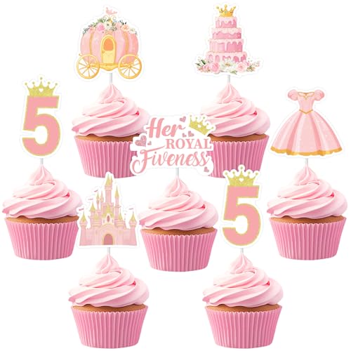 Sursurprise Prinzessin Thema 5. Geburtstag Party Dekorationen Rosa Gold, 24PCS Ihre königlichen Fiveness Cupcake Toppers, Crown Castle Hochzeitskleid Kuchen Picks von Sursurprise