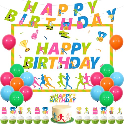 Sursurprise Running Birthday Party Dekorationen, Marathon Runner Birthday Banner Backdrop Kuchen Topper Run Race Cupcake Toppers Ballons, Track Running Cross Country Sports Fitness Bady Supplies von Sursurprise