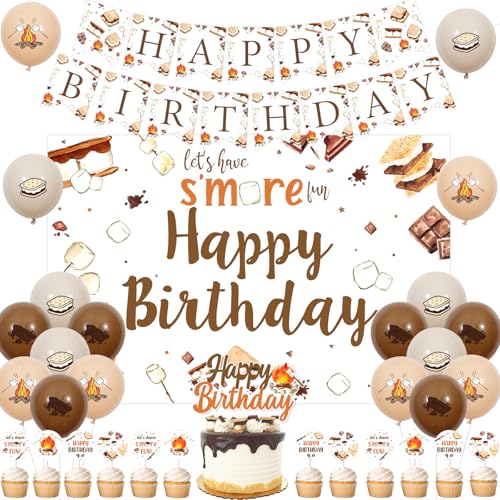 Sursurprise S'Mores Geburtstag Party Dekorationen, Marshmallow S'more Geburtstag Backdrop Banner Ballons Kuchen Topper Cupcake Toppers für Camping Lagerfeuer Camper Geburtstag Party Supplies von Sursurprise