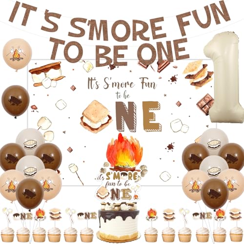 Sursurprise S'more Birthday Party Decorations, Camping1st First It's S'more Fun To Be One Backdrop Banner Cake Topper Number 1 Balloons Cupcake Picks Kits, Camper One Year Old Party Supplies von Sursurprise