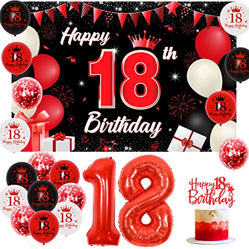 Sursurprise Schwarz und Rot 18. Geburtstag Dekorationen für Jungen Mädchen, Rot Schwarz 18. Geburtstag Hintergrund Kuchen Topper und Luftballons für 18 Jahre alt Geburtstag Jahrestag Party Supplies von Sursurprise