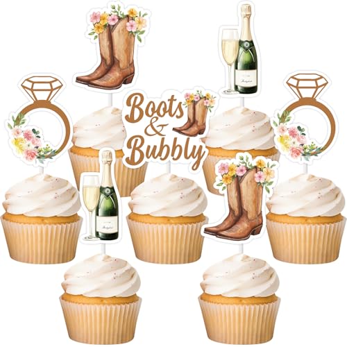 Sursurprise Stiefel und sprudelnde Brautparty-Dekorationen, 24 Stück Stiefel und sprudelnde Cupcake-Aufsätze, Champagner-Ring-Cupcake-Picks, Cowgirl, Western-Land, Hochzeit, Verlobung, von Sursurprise