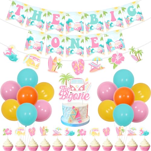 Sursurprise Surfen 1. Geburtstag Dekorationen – Vintage Surf The Big One Banner Girlanden Kuchen Cupcake Toppers Luftballons, Sommer Strand First Bday Party Supplies für Mädchen von Sursurprise